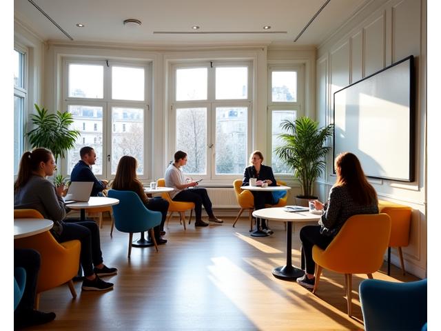 Une salle de classe moderne et accueillante chez Click-Shelf à Paris, avec de grandes fenêtres et des étudiants engagés.