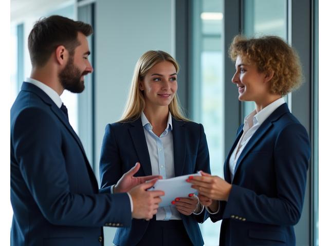 Business professionals engaged in a discussion, looking confident and internationally diverse.