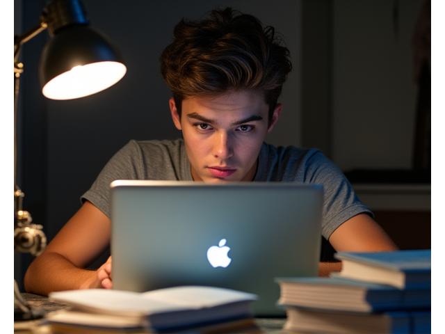 Student focused on a laptop with exam preparation materials, looking determined.
