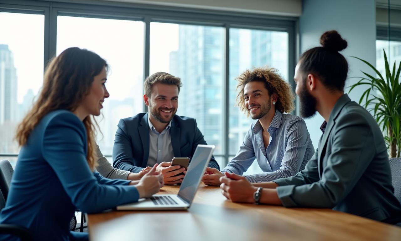 Professionnels en réunion dans un bureau moderne et lumineux